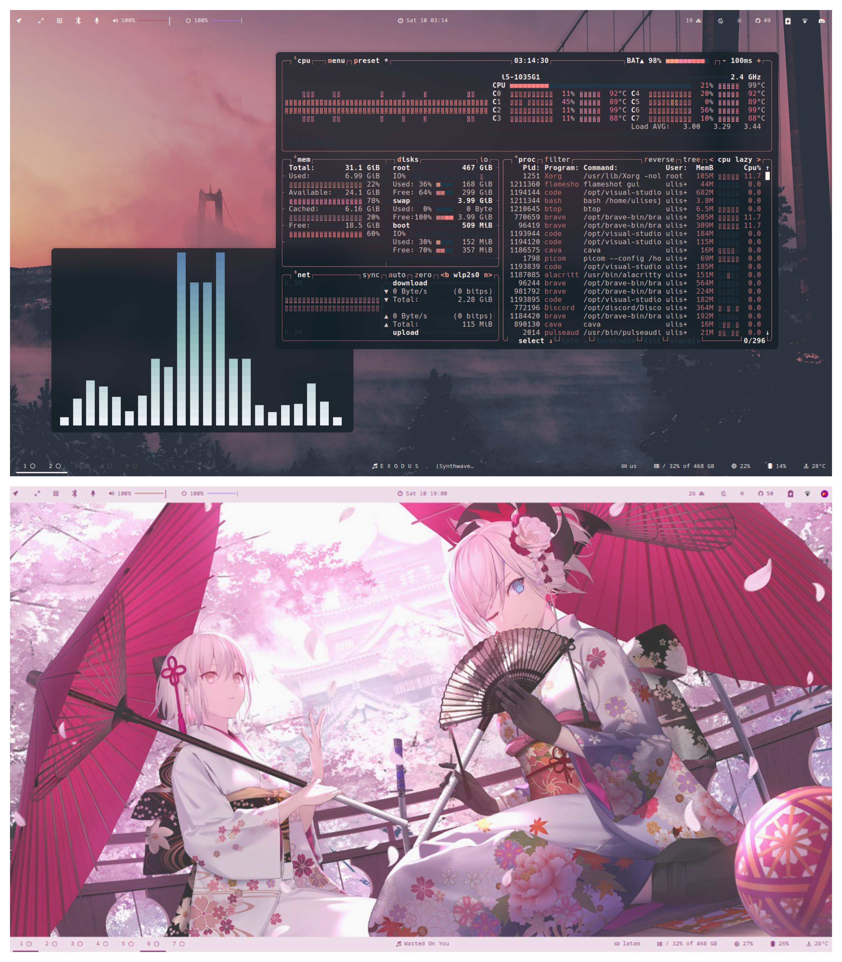 HorneroConfig collage showing sidebar bar, dashboard, and desktop wallpapers