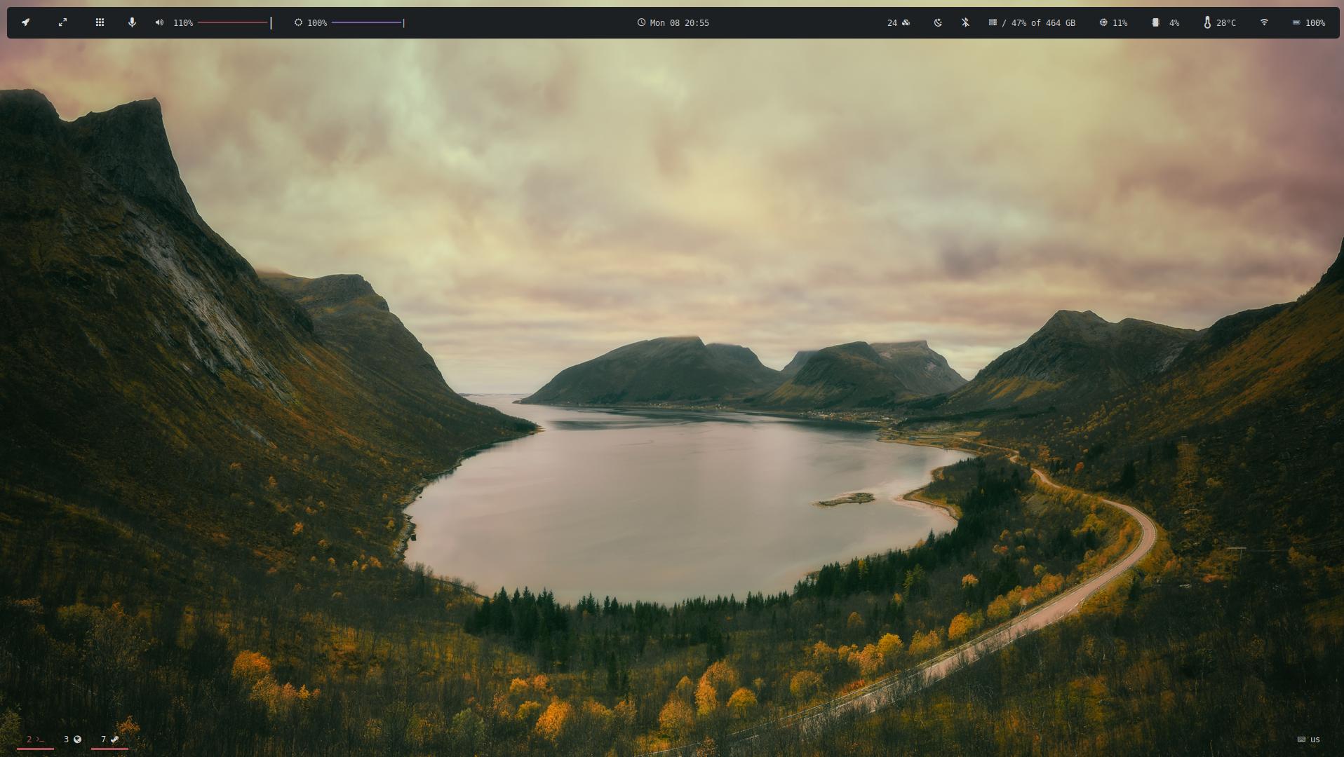 Light theme with pastel palette, minimal top bar, and yazi file manager