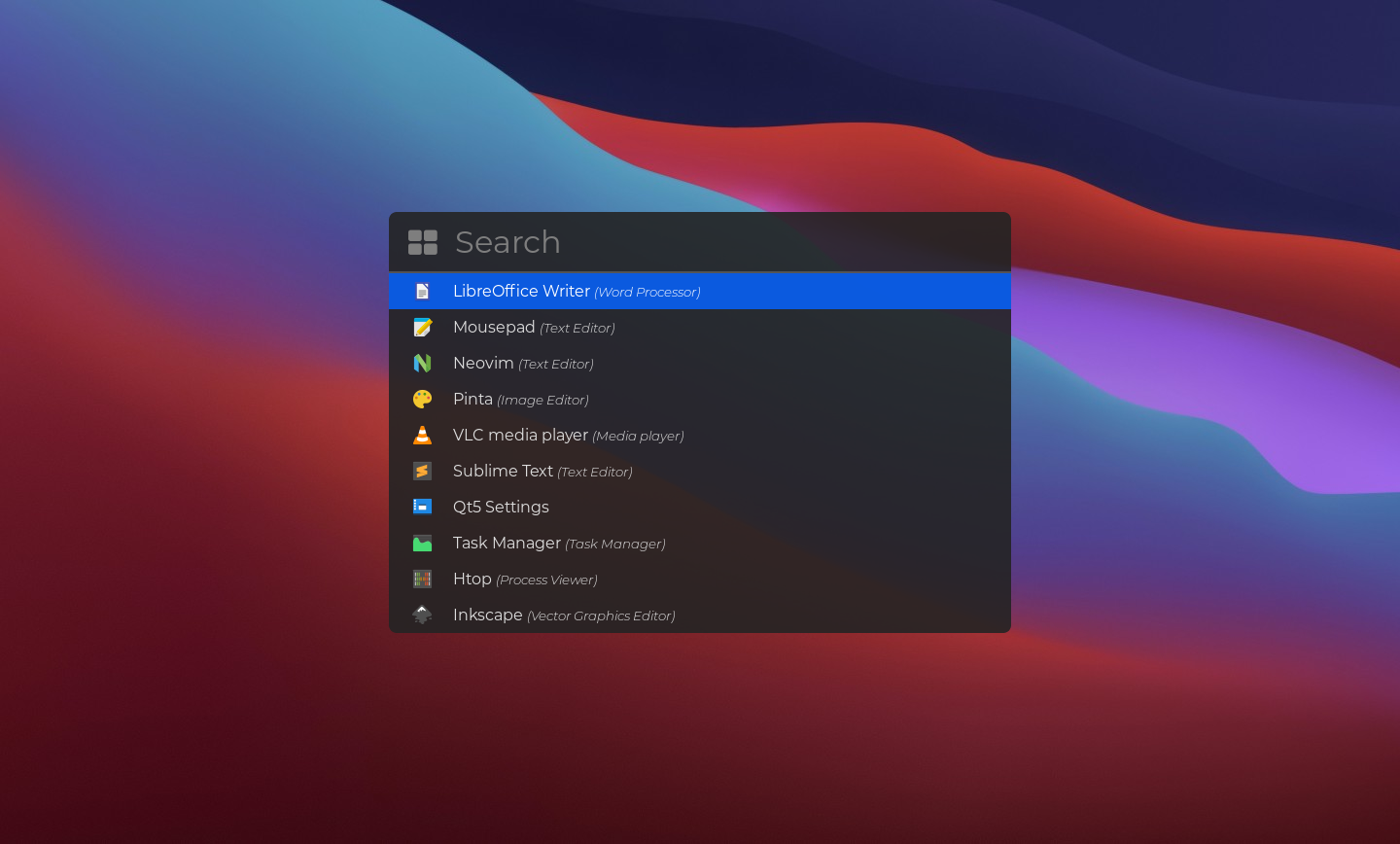 Dark spotlight palette with filtered apps and keyboard shortcuts