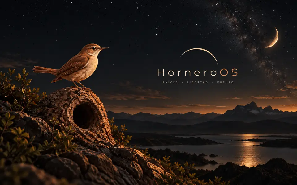 The hornero-dark wallpaper: a rufous hornero perched on its mud nest above a Patagonian lake at dusk, with the Hornero OS wordmark.
